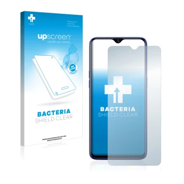 Vorderseite einer Produktverpackung mit dem Markenlogo upscreen. Daneben ist das Gerät realme 3 Pro mit dem zugehörigen Displa