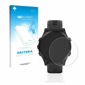 Vorderseite einer Produktverpackung mit dem Markenlogo upscreen. Daneben ist das Gerät Garmin Forerunner 945 mit dem zugehörig