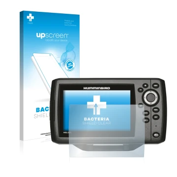 Vorderseite einer Produktverpackung mit dem Markenlogo upscreen. Daneben ist das Gerät Humminbird Helix 5 mit dem zugehörigen 