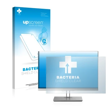 Vorderseite einer Produktverpackung mit dem Markenlogo upscreen. Daneben ist das Gerät HP EliteDisplay E243i mit dem zugehörig