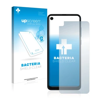 Vorderseite einer Produktverpackung mit dem Markenlogo upscreen. Daneben ist das Gerät Motorola One Vision mit dem zugehörigen