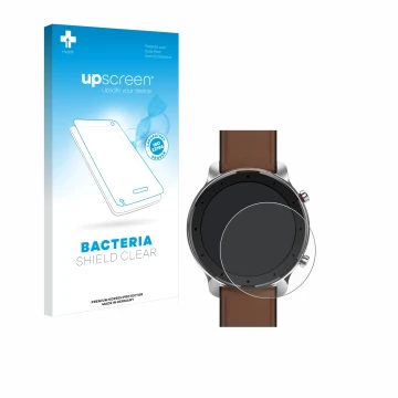 Vorderseite einer Produktverpackung mit dem Markenlogo upscreen. Daneben ist das Gerät Huami Amazfit GTR (47 mm) mit dem zugeh