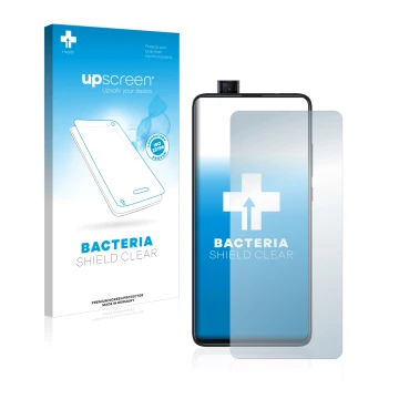 Vorderseite einer Produktverpackung mit dem Markenlogo upscreen. Daneben ist das Gerät Xiaomi Mi 9T mit dem zugehörigen Displa