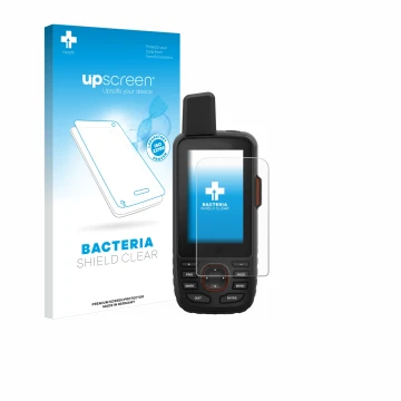 Vorderseite einer Produktverpackung mit dem Markenlogo upscreen. Daneben ist das Gerät Garmin GPSMAP 66i mit dem zugehörigen D