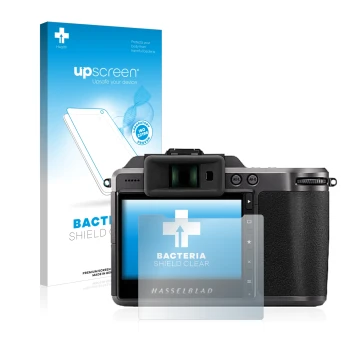 Vorderseite einer Produktverpackung mit dem Markenlogo upscreen. Daneben ist das Gerät Hasselblad X1D II 50C mit dem zugehörig
