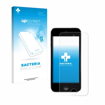 Vorderseite einer Produktverpackung mit dem Markenlogo upscreen. Daneben ist das Gerät Apple iPod Touch (7. Gen.) mit dem zuge