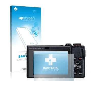 Vorderseite einer Produktverpackung mit dem Markenlogo upscreen. Daneben ist das Gerät Canon PowerShot G5 X Mark II mit dem zu