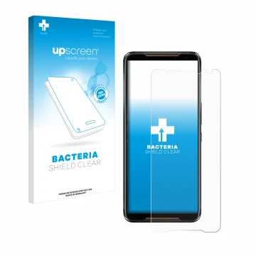 Vorderseite einer Produktverpackung mit dem Markenlogo upscreen. Daneben ist das Gerät ASUS ROG Phone 2 mit dem zugehörigen Di