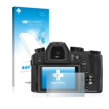 Vorderseite einer Produktverpackung mit dem Markenlogo upscreen. Daneben ist das Gerät Leica V-LUX 5 mit dem zugehörigen Displ