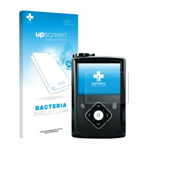 Vorderseite einer Produktverpackung mit dem Markenlogo upscreen. Daneben ist das Gerät Medtronic Minimed 640G mit dem zugehöri