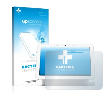 Vorderseite einer Produktverpackung mit dem Markenlogo upscreen. Daneben ist das Gerät Google Nest Hub Max mit dem zugehörigen