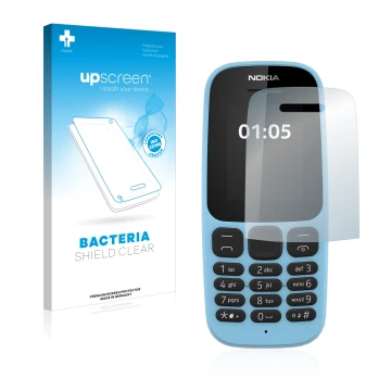 Vorderseite einer Produktverpackung mit dem Markenlogo upscreen. Daneben ist das Gerät Nokia 105 2019 mit dem zugehörigen Disp