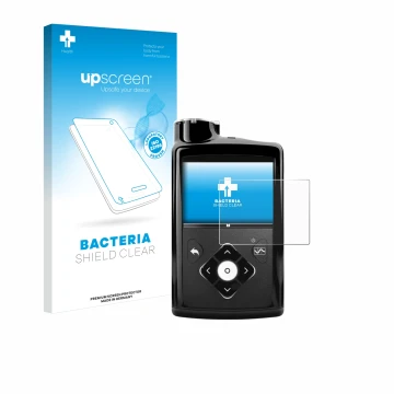 Vorderseite einer Produktverpackung mit dem Markenlogo upscreen. Daneben ist das Gerät Medtronic Minimed 670G mit dem zugehöri