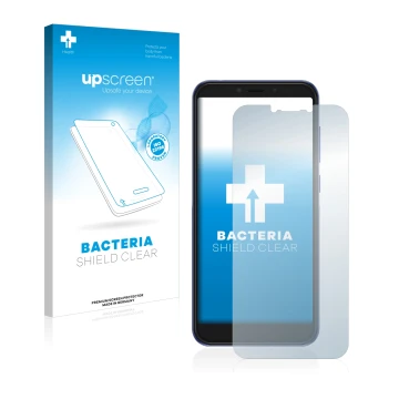 Vorderseite einer Produktverpackung mit dem Markenlogo upscreen. Daneben ist das Gerät Alcatel 1S 2019 mit dem zugehörigen Dis