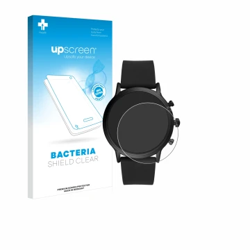 Vorderseite einer Produktverpackung mit dem Markenlogo upscreen. Daneben ist das Gerät Fossil The Carlyle HR (5.Gen) mit dem z
