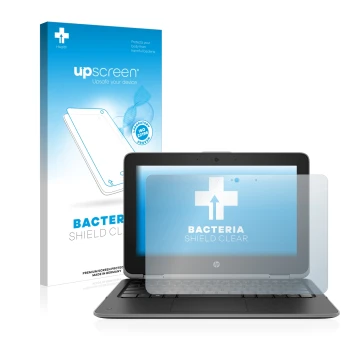 Vorderseite einer Produktverpackung mit dem Markenlogo upscreen. Daneben ist das Gerät HP ProBook x360 11 G3 mit dem zugehörig