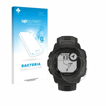 Vorderseite einer Produktverpackung mit dem Markenlogo upscreen. Daneben ist das Gerät Garmin Instinct Tactical Edition mit de