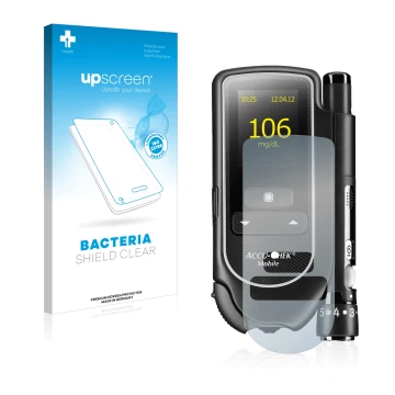 Vorderseite einer Produktverpackung mit dem Markenlogo upscreen. Daneben ist das Gerät Accu-Chek Mobile mit dem zugehörigen Di