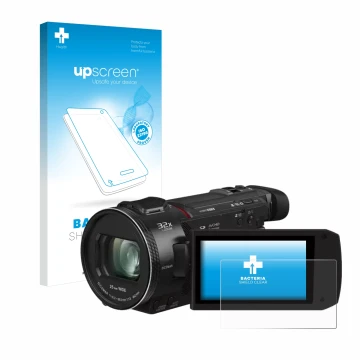 Vorderseite einer Produktverpackung mit dem Markenlogo upscreen. Daneben ist das Gerät Panasonic HC-VXF11 mit dem zugehörigen 