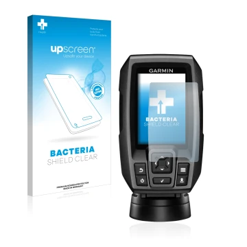 Vorderseite einer Produktverpackung mit dem Markenlogo upscreen. Daneben ist das Gerät Garmin Striker 4 mit dem zugehörigen Di