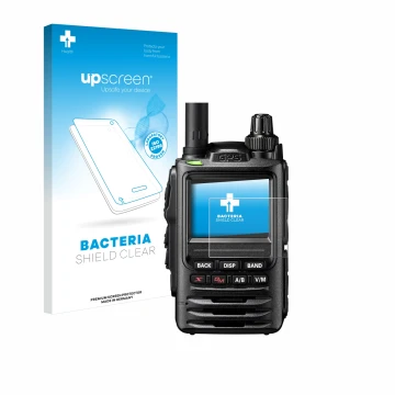 Vorderseite einer Produktverpackung mit dem Markenlogo upscreen. Daneben ist das Gerät Yaesu FT-3D mit dem zugehörigen Display