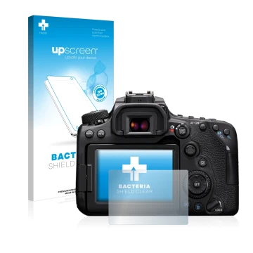 Vorderseite einer Produktverpackung mit dem Markenlogo upscreen. Daneben ist das Gerät Canon EOS 90D mit dem zugehörigen Displ