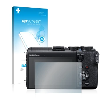 Vorderseite einer Produktverpackung mit dem Markenlogo upscreen. Daneben ist das Gerät Canon EOS M6 Mark II mit dem zugehörige