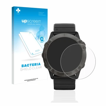 Vorderseite einer Produktverpackung mit dem Markenlogo upscreen. Daneben ist das Gerät Garmin Fenix 6X Pro mit dem zugehörigen