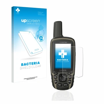 Vorderseite einer Produktverpackung mit dem Markenlogo upscreen. Daneben ist das Gerät Garmin GPSMAP 64sx mit dem zugehörigen 