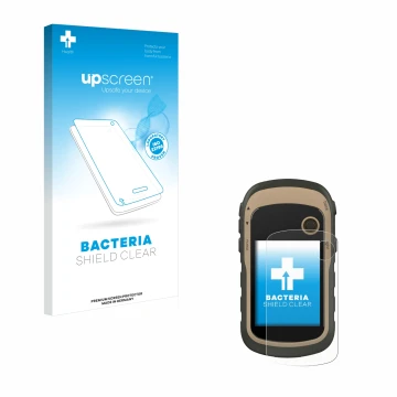 Vorderseite einer Produktverpackung mit dem Markenlogo upscreen. Daneben ist das Gerät Garmin eTrex 32x mit dem zugehörigen Di