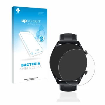 Vorderseite einer Produktverpackung mit dem Markenlogo upscreen. Daneben ist das Gerät Huawei Watch GT 2 (46 mm) mit dem zugeh