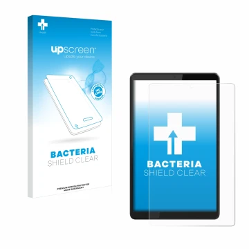 Vorderseite einer Produktverpackung mit dem Markenlogo upscreen. Daneben ist das Gerät Lenovo Tab M8 mit dem zugehörigen Displ