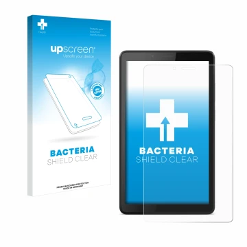 Vorderseite einer Produktverpackung mit dem Markenlogo upscreen. Daneben ist das Gerät Lenovo Tab M7 mit dem zugehörigen Displ