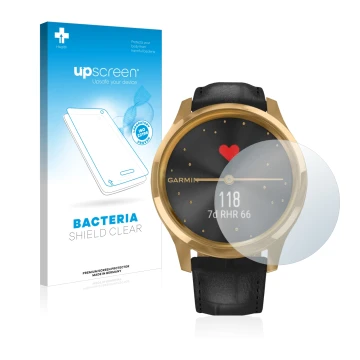 Vorderseite einer Produktverpackung mit dem Markenlogo upscreen. Daneben ist das Gerät Garmin vivomove Luxe (42 mm) mit dem zu