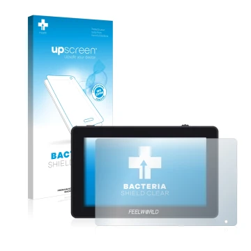 Vorderseite einer Produktverpackung mit dem Markenlogo upscreen. Daneben ist das Gerät Feelworld F6 Plus mit dem zugehörigen D