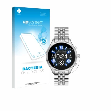 Vorderseite einer Produktverpackung mit dem Markenlogo upscreen. Daneben ist das Gerät Michael Kors Access Lexington 2 mit dem