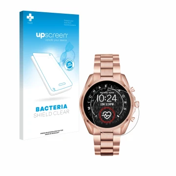 Vorderseite einer Produktverpackung mit dem Markenlogo upscreen. Daneben ist das Gerät Michael Kors Access Bradshaw 2 mit dem 