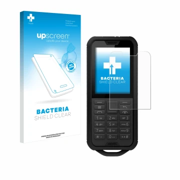 Vorderseite einer Produktverpackung mit dem Markenlogo upscreen. Daneben ist das Gerät Nokia 800 Tough mit dem zugehörigen Dis