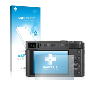 Vorderseite einer Produktverpackung mit dem Markenlogo upscreen. Daneben ist das Gerät Panasonic Lumix DC-TZ200 mit dem zugehö