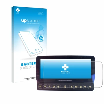 Vorderseite einer Produktverpackung mit dem Markenlogo upscreen. Daneben ist das Gerät Mercedes-Benz Actros 2019 Touch-Display