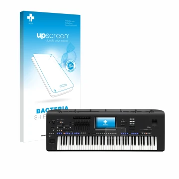 Vorderseite einer Produktverpackung mit dem Markenlogo upscreen. Daneben ist das Gerät Yamaha Genos mit dem zugehörigen Displa