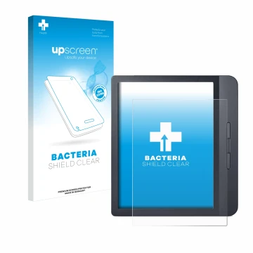 Vorderseite einer Produktverpackung mit dem Markenlogo upscreen. Daneben ist das Gerät Kobo Libra H2O mit dem zugehörigen Disp