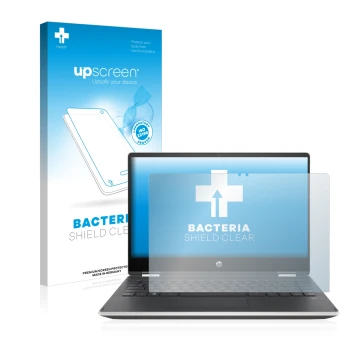 Vorderseite einer Produktverpackung mit dem Markenlogo upscreen. Daneben ist das Gerät HP Pavilion x360 (14-dhX) mit dem zugeh