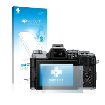 Vorderseite einer Produktverpackung mit dem Markenlogo upscreen. Daneben ist das Gerät Olympus OM-D E-M5 Mark III mit dem zuge