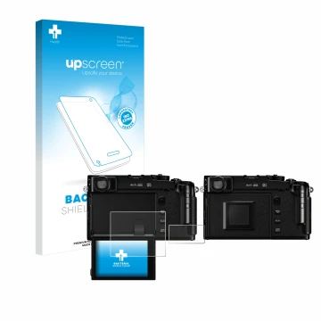 Vorderseite einer Produktverpackung mit dem Markenlogo upscreen. Daneben ist das Gerät Fujifilm X-Pro3 mit dem zugehörigen Dis