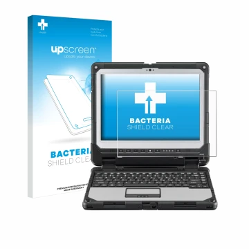 Vorderseite einer Produktverpackung mit dem Markenlogo upscreen. Daneben ist das Gerät Panasonic Toughbook CF-33 mit dem zugeh