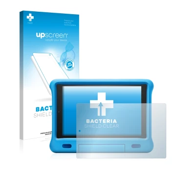 Vorderseite einer Produktverpackung mit dem Markenlogo upscreen. Daneben ist das Gerät Amazon Fire HD 10 Kids 2019 (9. Gen.) m