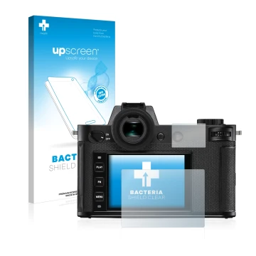 Vorderseite einer Produktverpackung mit dem Markenlogo upscreen. Daneben ist das Gerät Leica SL2 mit dem zugehörigen Displaysc