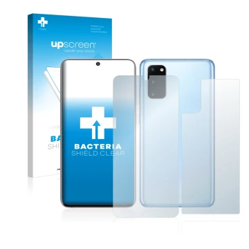 Vorderseite einer Produktverpackung mit dem Markenlogo upscreen. Daneben ist das Gerät Samsung Galaxy S20 (Display+Rückseite) 