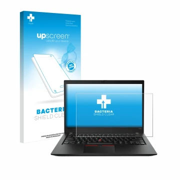 Vorderseite einer Produktverpackung mit dem Markenlogo upscreen. Daneben ist das Gerät Lenovo ThinkPad T490s mit dem zugehörig